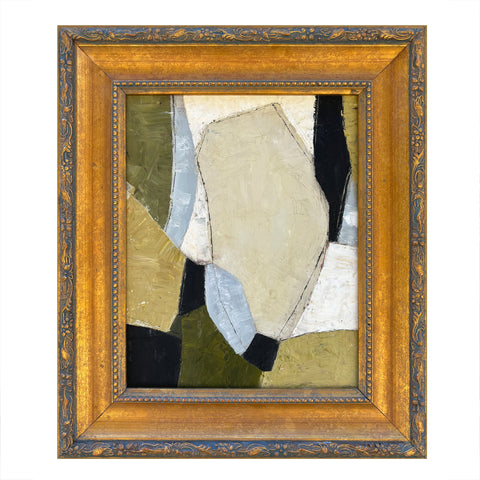 Olive and Black Abstract Painting in Vintage Frame